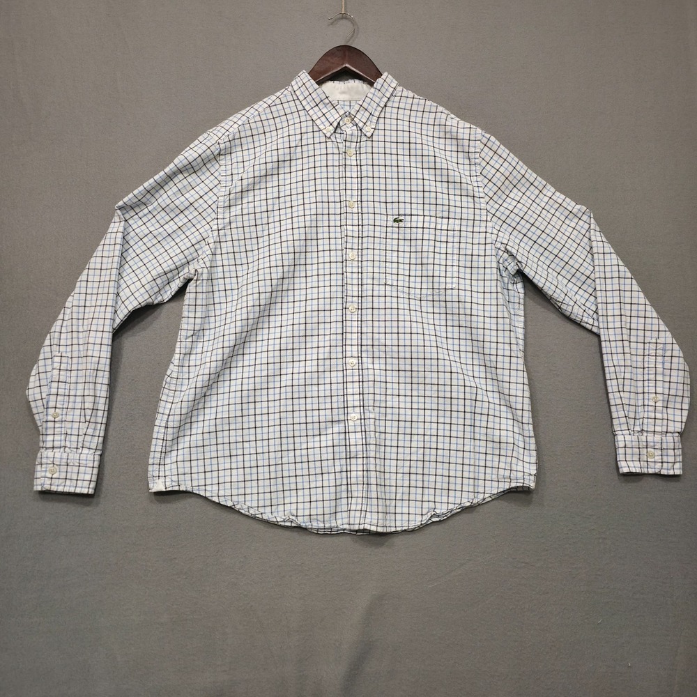 Lacoste Men's White and Blue Checkered Casual Button Down Shirt